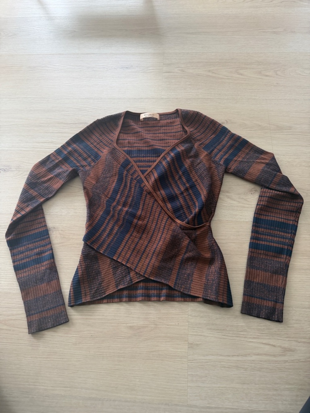 Bailey 44 Brown and Navy Striped Wrap-Style Long Sleeve Top